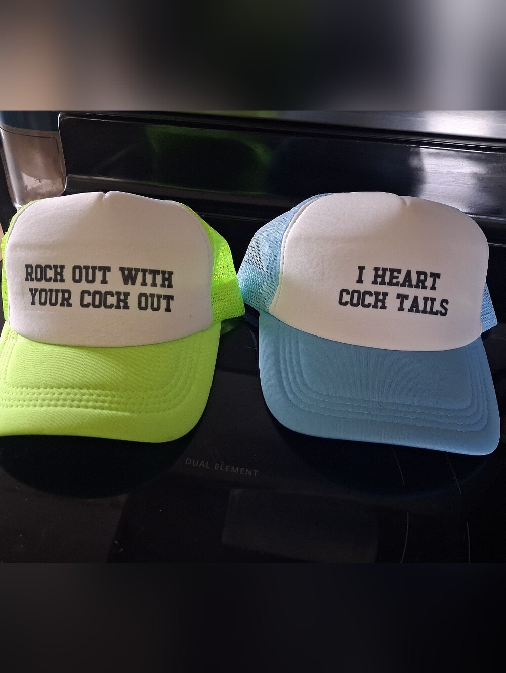 Neon Green and Baby Blue Truckers with Bold Slogan